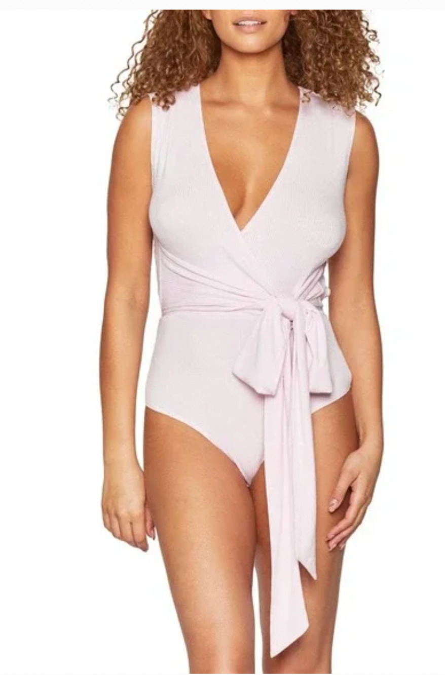 BCBGeneration Bodysuit Womens XS Extra Small Pink Cut Out Surplice Wrap Tie Knit